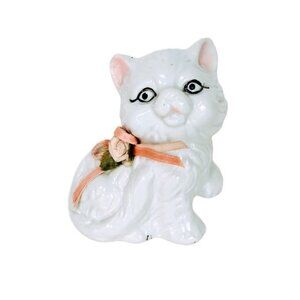 Vintage Porcelain Kitsch Kawaii Snow White Persian Kitty Cat Ribbon Rose Collar
